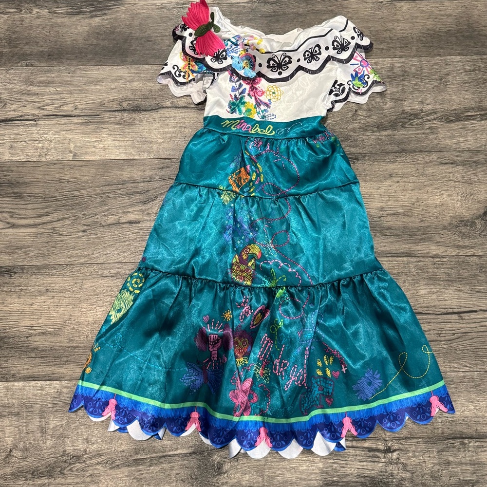 Disney Maribel White Satin Costume Dress with Multicolor Floral Accents